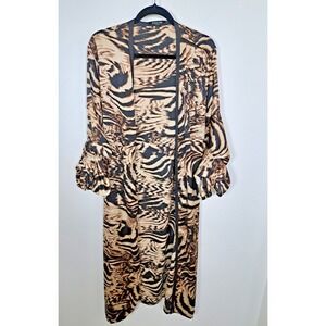 BEULAH Duster Kimono Belted Size Large Brown Animal Print Ballon‎ Arms
